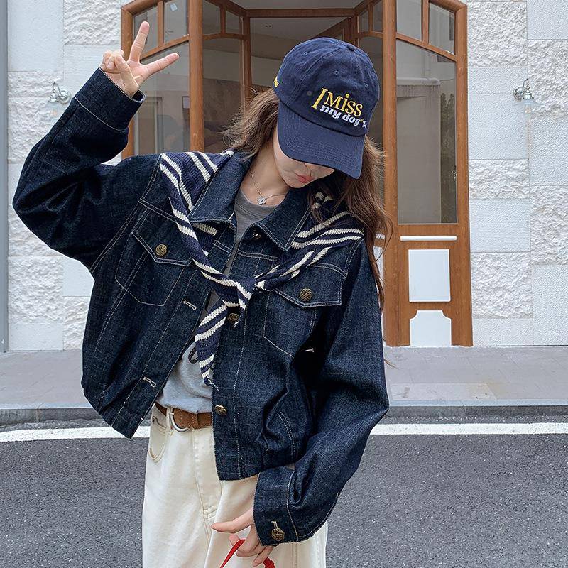 蓝色酷飒风条系披肩牛仔d113-C33外套女205纹早春秋韩时髦小个子2