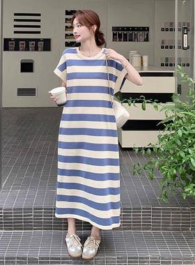 超好看蓝色条纹连衣裙c205夏季2新女款韩系chi宽松中长款T恤D145-