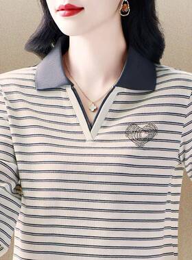 高端o长t恤女春0秋224新款妈妈袖条纹plo202491Y1衫宽松打底上衣