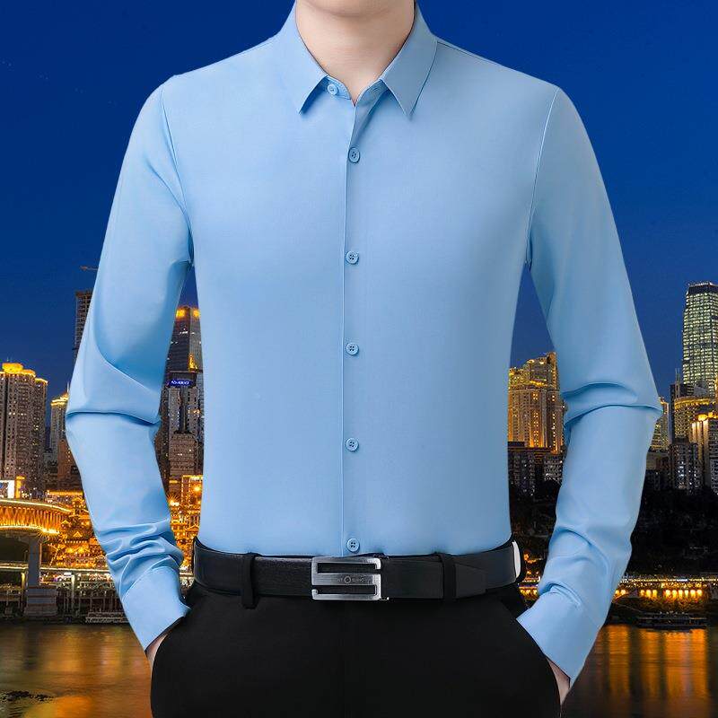 件痕衬衣春装中年男式爸爸装力无纯色锦氨弹5068长一袖衬衫男