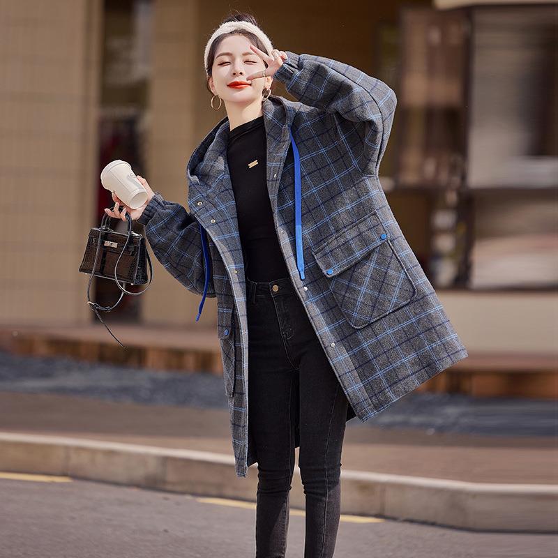 式棉衣20SY860A-124冬季新S款连帽格子毛呢宽松版时女尚暖夹棉保