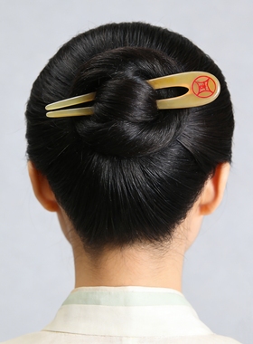 羊角手工发簪喜庆红色新年宴会朱砂吉字古风U型双钗 汉服盘发头饰