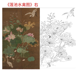 工笔画打印白描底稿莲池双禽图竖幅花鸟高清线稿板绘初学者临摹