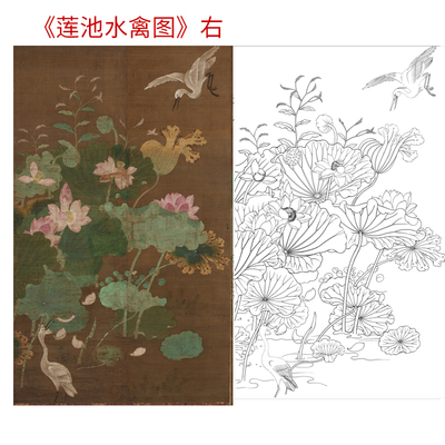 工笔画打印白描底稿莲池双禽图竖幅花鸟高清线稿板绘初学者临摹