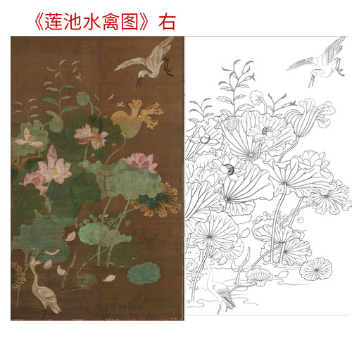 工笔画打印白描底稿莲池双禽图竖幅花鸟高清线稿板绘初学者临摹