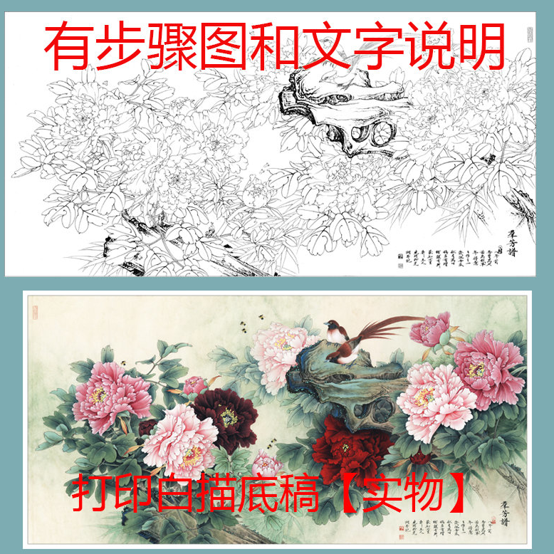 国画工笔打印底稿李晓明横幅花鸟牡丹初学者临摹透稿练习装饰画