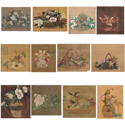 工笔画打印白描底稿小品宋画花篮系类图高清线描初学者临摹过稿