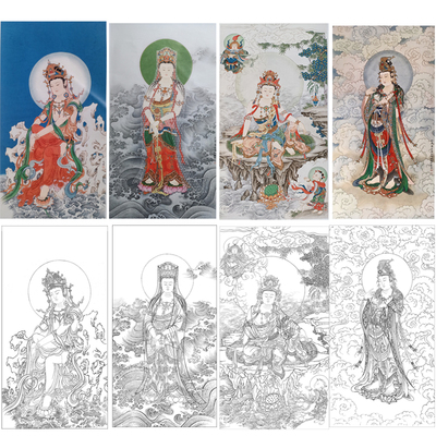工笔画白描底稿竖幅高清板绘线稿大图观音菩萨白描初学者临摹过稿