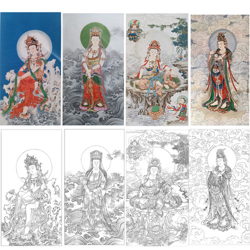 工笔画白描底稿竖幅高清板绘线稿大图观音菩萨白描初学者临摹过稿