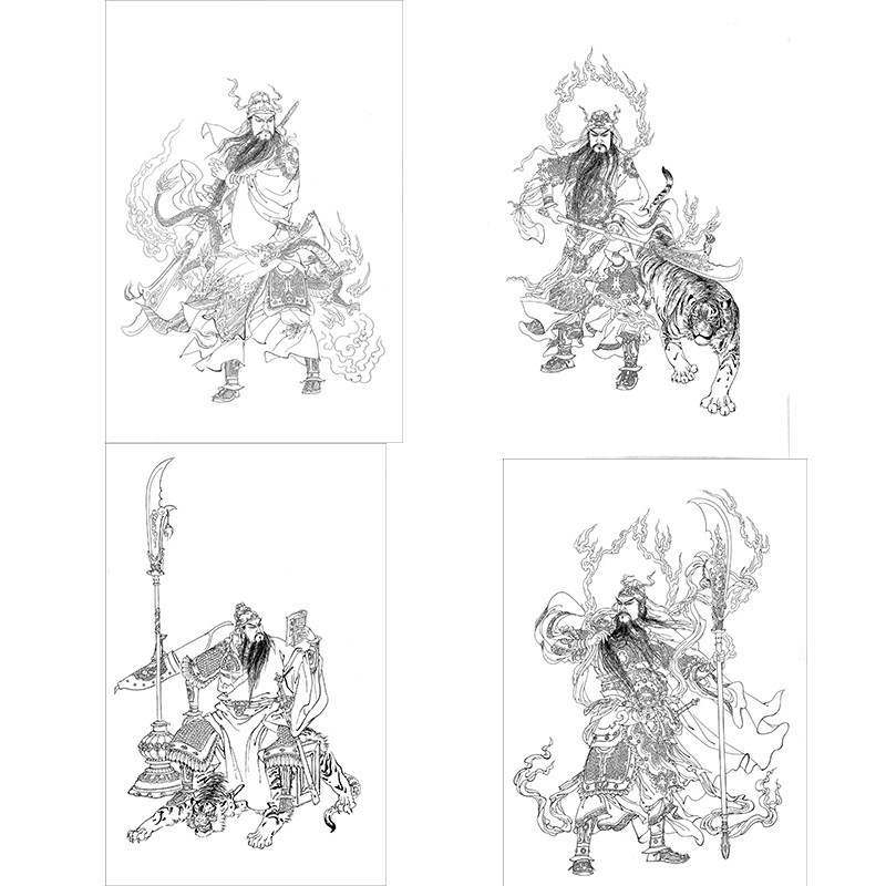 工笔画打印白描底稿关公线稿无彩图四尺初学者临摹勾线练习