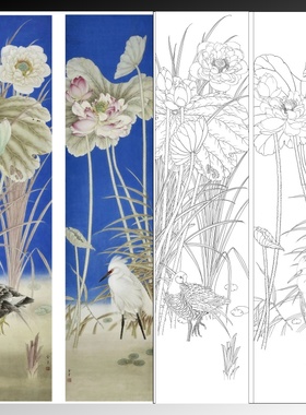 工笔画打印白描大图底稿王金才原创竖幅荷花高清线描初学者临摹