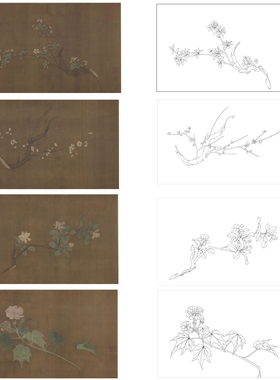 单选工笔画打印白描底稿宋画四幅折枝花卉初学者临摹过稿创作参考