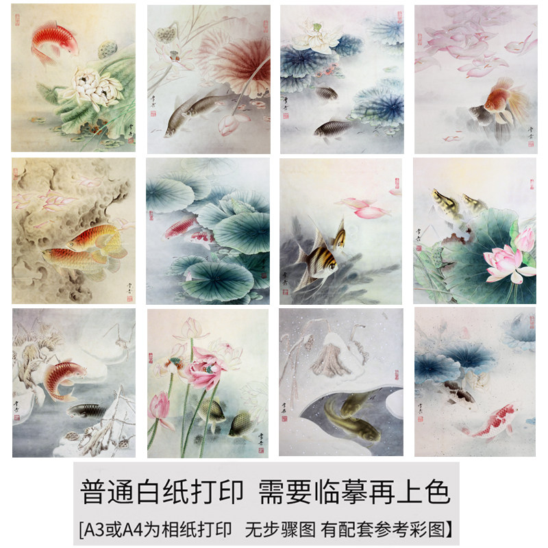国画工笔画打印白描底稿龚雪青鱼初学者临摹勾线上色范本