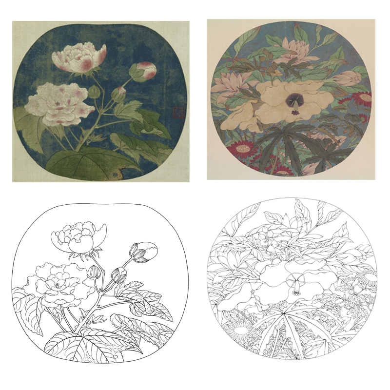 国画工笔画打印白描底稿圆形秋花图高清线描初学者临摹过稿练习