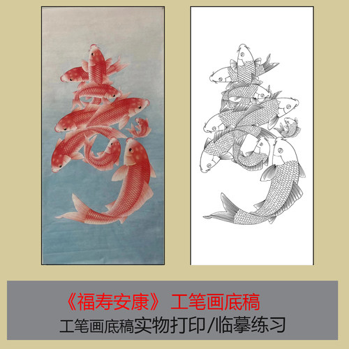 工笔画底稿福寿安康鲤鱼跃龙门白描线稿实物打印初学者临摹练习