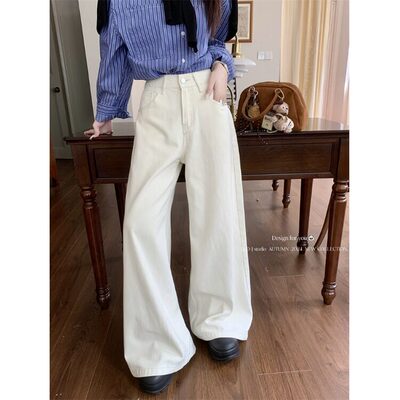 白色美式复古水洗牛仔裤