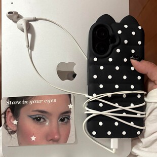 软萌硅胶立体耳朵撞色波点羽绒服适用iPhone17ProMax手机壳苹果16PM立体波点15Pro不撞壳少女心i13/14保护套