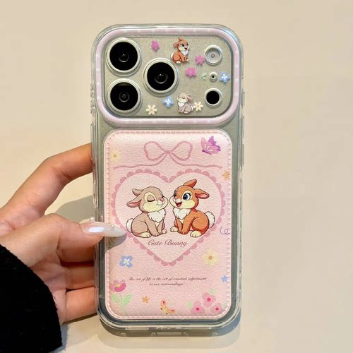 少女心花朵蝴蝶结爱心桑普兔大视窗手机壳适用IPhone17promax皮质双层IMD保护套适用IPhone16pro新款15防摔软