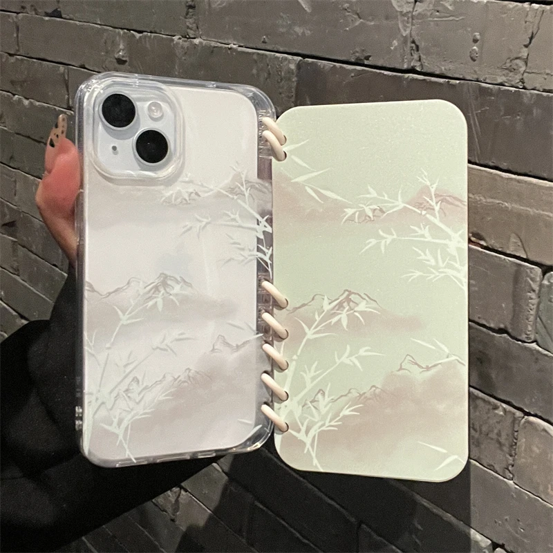 新中式国风竹林翻盖笔记本适用iPhone16手机壳创意小清新苹果15promax高级感14plus小众13pro防摔12/11保护套