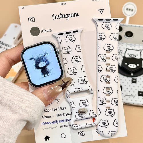 搞怪鼻涕小黑猪适用苹果iwatchS11硅胶表带applewatchs10/S9/S8