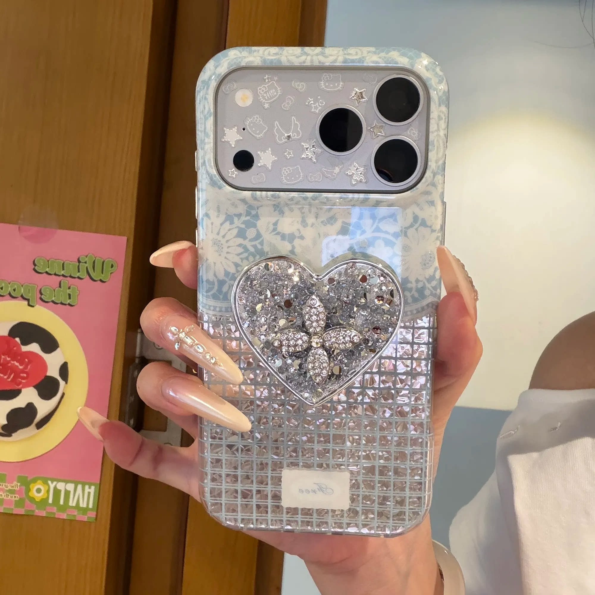 蓝调蕾丝爱心十字钻石支架适用iPhone18ProMax手机壳韩系ins适用苹果17Pro新款适用iPhone16/15双层IMD保护套