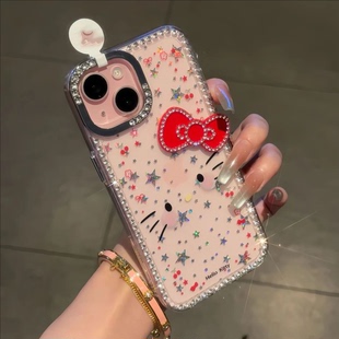 适用iPhone16promax手机壳高级感闪钻边框苹果15plus樱桃蒂猫14Pro简约13创意12防摔11软壳透明大孔保护套