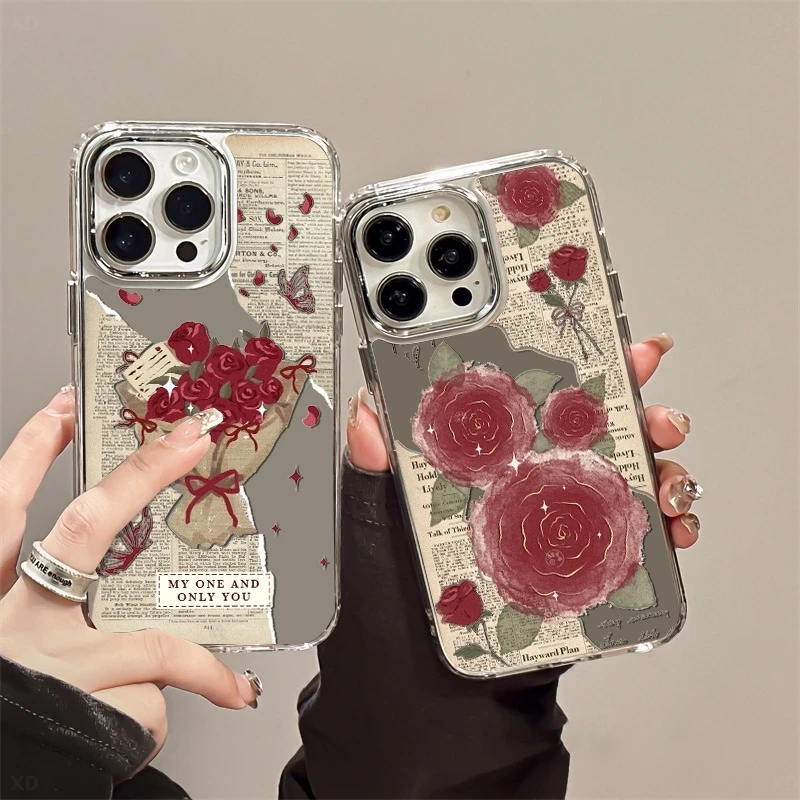 创意报纸玫瑰适用iPhone16/15promax手机壳镜面小众苹果14/13/12/11高级感情侣Pura70小清新华为Mate60/70软,3C数码配件,手机保护套/壳,淘宝优惠券,粉丝福利购,淘宝优惠卷