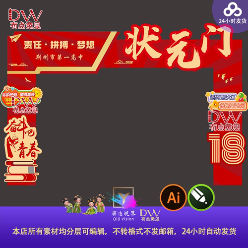 高考状元门龙门毕业季18岁成年礼氛围布置设计素材红色喜庆门头ai