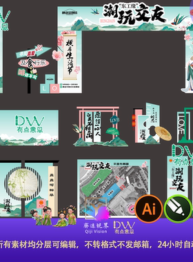 新中式国潮古风湖玩交友活动美陈拱门龙门架kt板设计素材模板ai