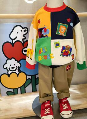 mk春款童装25新款男女儿童宝卡通刺绣小熊动物园拼接纯棉卫衣长袖