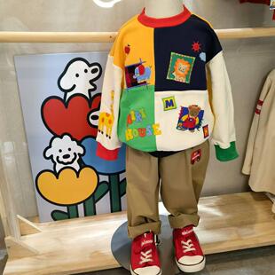 mk春款童装25新款男女儿童宝卡通刺绣小熊动物园拼接纯棉卫衣长袖