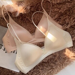 无钢圈文胸罩夏 深V领细肩带薄款 日系牛奶缎 无痕小胸内衣女士法式