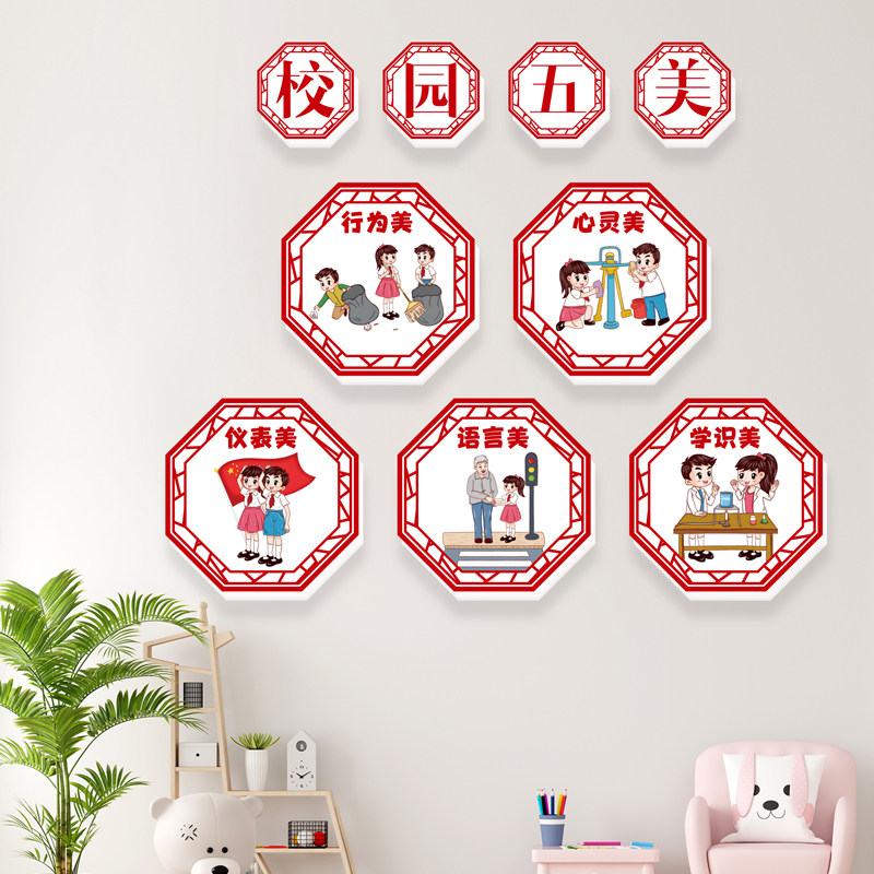校园五讲五美文化墙布置语言心灵行为仪表美行为规范走廊楼梯教室