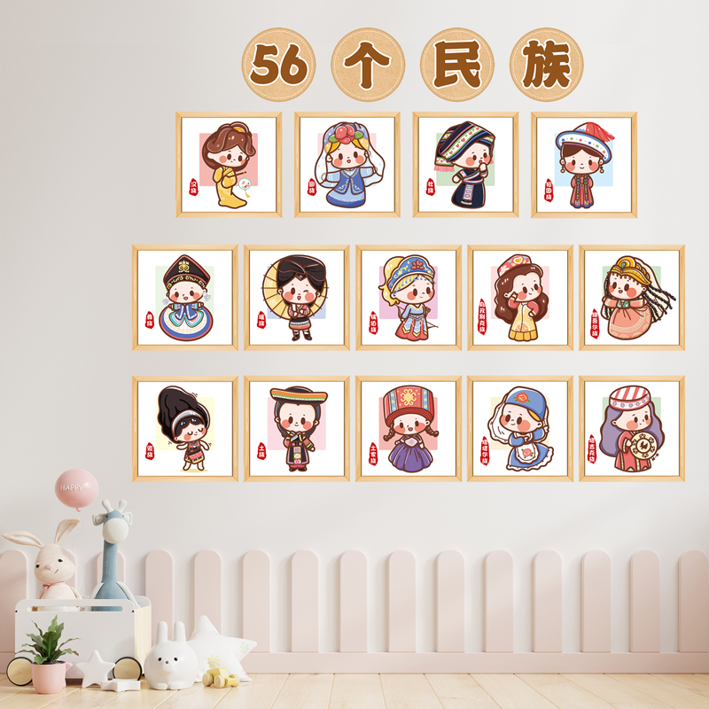 幼儿园小学56个民族风环创挂画教室楼梯墙面中华大团结卡通墙贴画