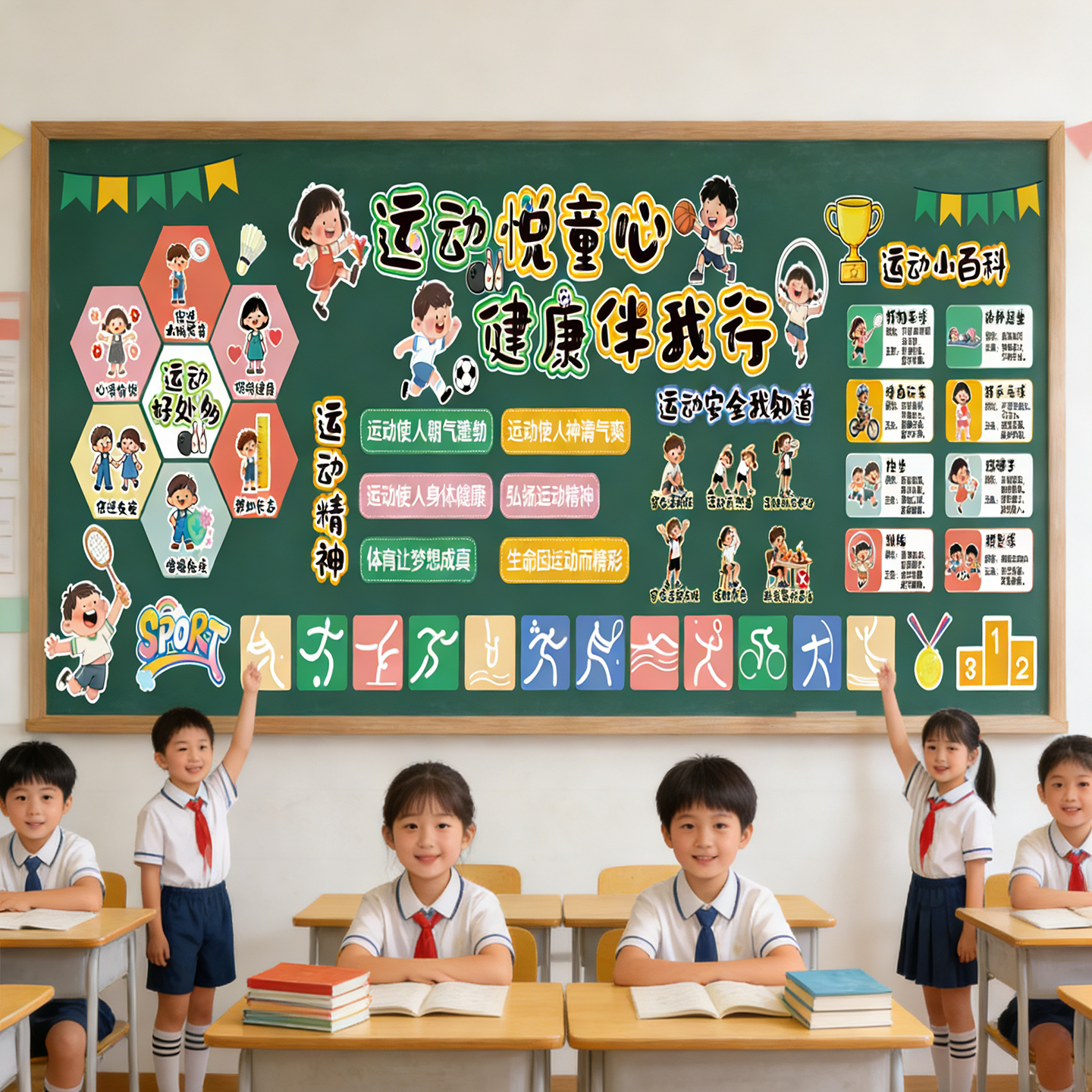 校园弘扬健康体育运动会主题精神小学班级文化环创卡通黑板报墙贴
