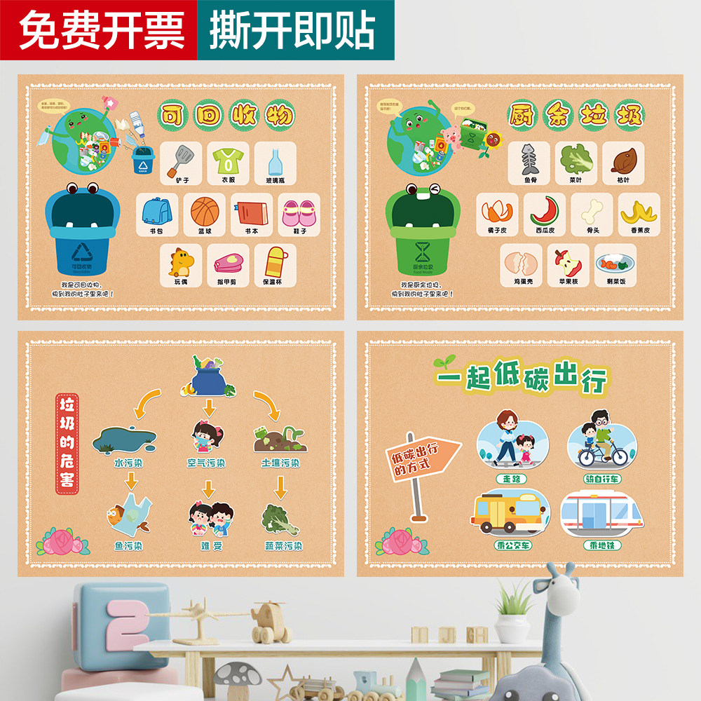 幼儿园垃圾分类环创主题墙保护环境宣传海报节约用水卡通标识贴纸