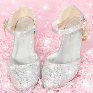 公主鞋女童水晶高跟鞋软底婚礼服银白色亮闪闪中大童演出儿童女鞋