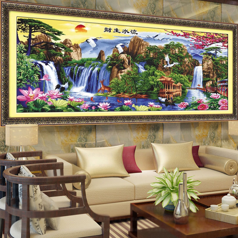 2018新款十字绣满绣客厅风景山水十字绣流水生财迎客松大幅画壁画