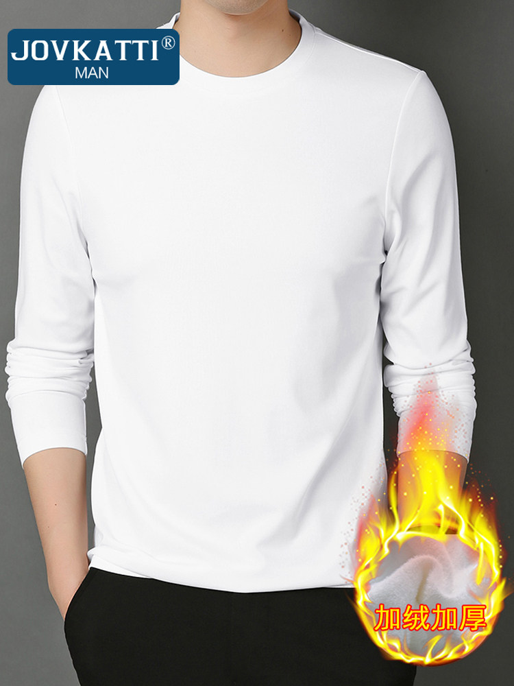 JOVKATTI圆领长袖T恤男冬季加绒加厚纯色中年休闲男士内搭打底衫