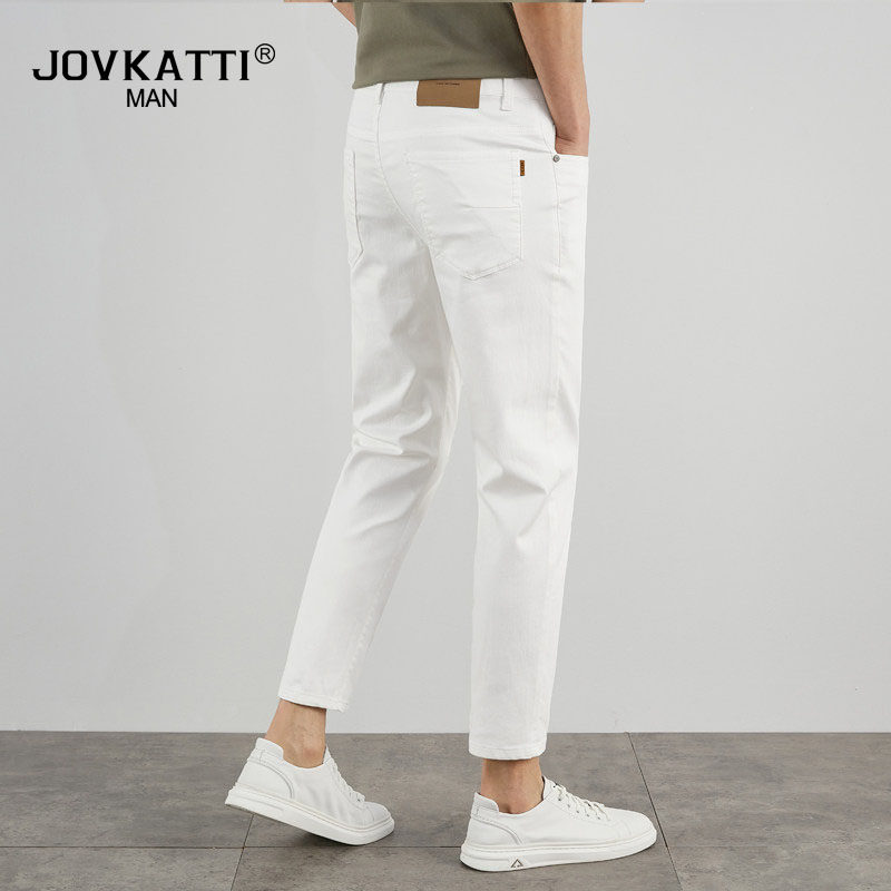 JOVKATTI九分牛仔裤男2026春夏新款修身小脚裤中年男士白色休闲裤