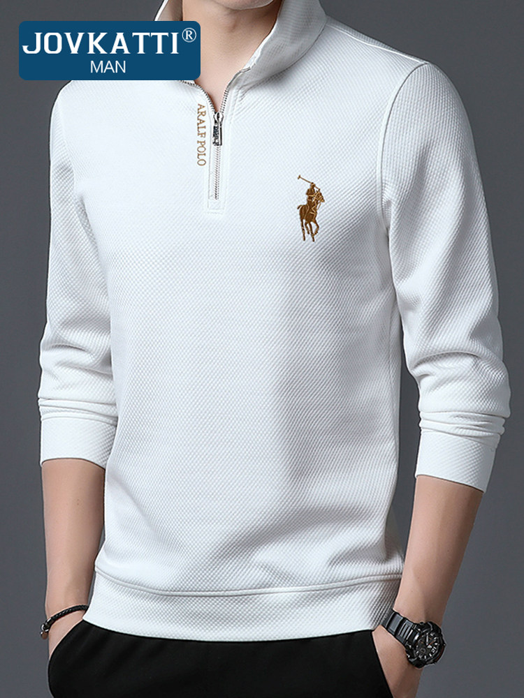 JOVKATTI长袖T恤男士2025秋冬新款中年休闲立领刺绣男装加绒卫衣