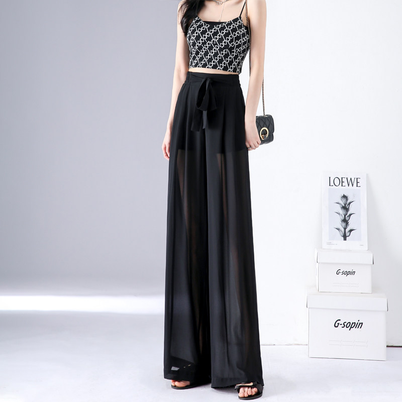 Quần Voan Lưới Màu Đen Quần Ống Rộng Voan Mỏng Mùa Hè Mặc Bên Ngoài Cho Nữ