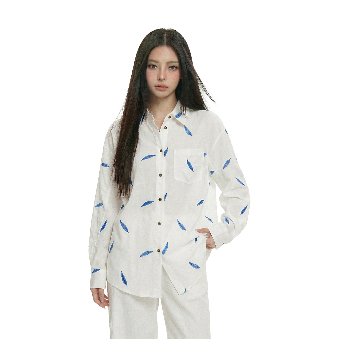 老钱风叶子印花长袖衬衫女春夏宽松翻领小众设计感松弛感白色上衣