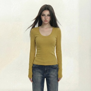 纯色加绒加厚U型领锁骨保暖长袖T恤针织打底衫女修身显瘦百搭上衣