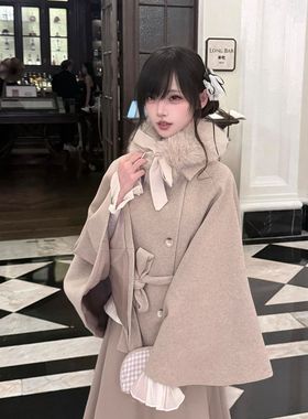 小香风套装女冬季新款千金感蝴蝶结毛领斗篷呢子大衣半身裙两件套
