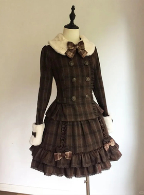 小个子毛领拼接蝴蝶结格纹毛呢外套女冬季2025新款蛋糕短裙两件套