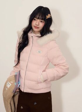 甜美可爱修身显瘦连帽带帽领保暖棉服女2025冬新款小个子短款棉衣