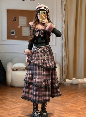 莓果丝绒甜酷风不规则长裙蝴蝶结上衣套装女冬季黑紫格纹半身裙子