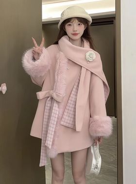 【月光序曲】小个子甜美可爱清新miu系千金感夹棉外套+围巾两件套