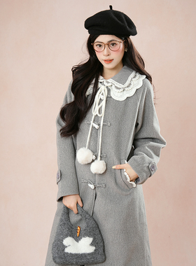 2025新款花边领设计加厚中长款夹棉灰色呢大衣百搭毛呢外套大衣女